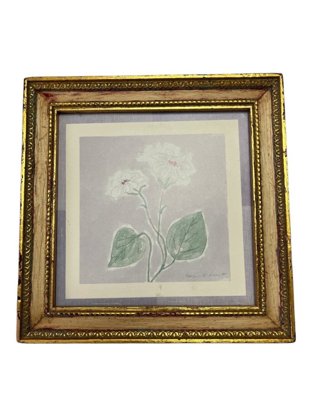 Vintage Marguerite Lanot Floral Botanical Print Ornate Gilt Frame 7 Inch